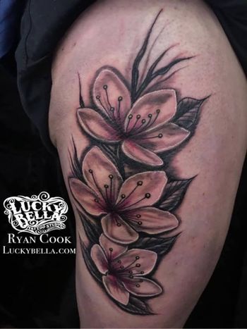 Cherry Blossoms on Legby Ryan Cook at Lucky Bella Tattoos in North Little Rock, Arkansas
