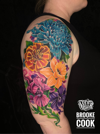 Floral Half Sleeve by Brooke Cook at Lucky Bella Tattoos in North Little Rock, Arkanasas
