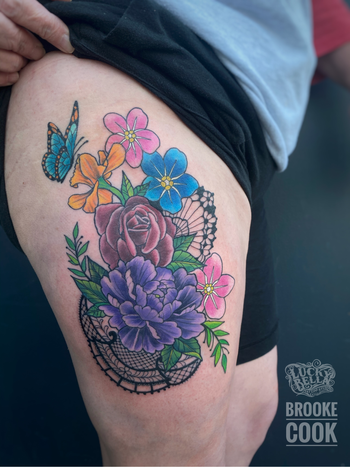 Flowers and Lace Thigh Tattoo by Brooke Cook at Lucky Bella Tattoos in North Little Rock, Arkansas
