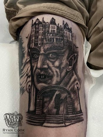 Nosferatu and Crescent Hotel Tattoo by Ryan Cook at Lucky Bella Tattoos in North Little Rock, AR
