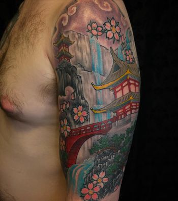 Traditional Japanese Landscape by Howard Neal at Lucky Bella Tattoos
