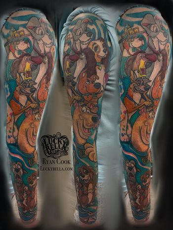 Cartoon Dog Sleeve by Ryan Cook at Lucky Bella Tattoos in North Little Rock, AR
