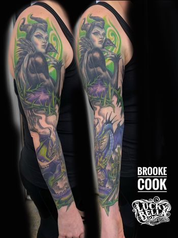 Maleficent Sleeve by Brooke Cook at Lucky Bella Tattoos in North Little Rock, Arkansas

