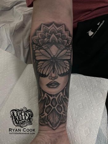 Butterfly Girl With Geometric Elements by Ryan Cook at Lucky Bella Tattoos in North Little Rock, Arkansas
