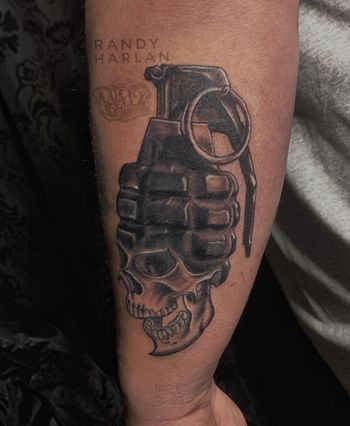 Skull Grenade Tattoo by Randy Harlan at Lucky Bella Tattoos in North Little Rock Arkansas

