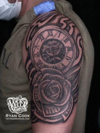 Time Piece and Money Rose Half Sleeve by Ryan Cook in North Little Rock, AR
