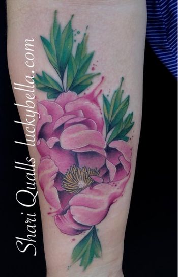 Watercolor Peony by Shari Qualls at Lucky Bella Tattoos in North Little Rock, AR

