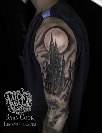 Hogwarts Castle Half Sleeve Tattoo by Ryan Cook at Lucky Bella Tattoos in North Little Rock
