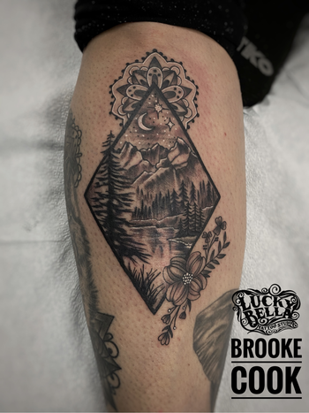 Mountain and Nature Scene in Diamond by Brooke Cook at Lucky Bella Tattoos in North Little Rock, Arkansas

