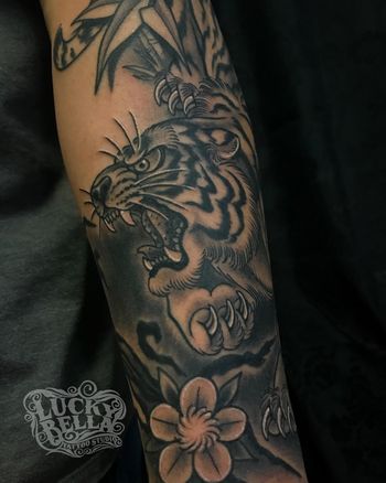 Black and Grey Traditional Japanese Tiger by Howard Neal at Lucky Bella Tattoos in North Little Rock, Arkansas
