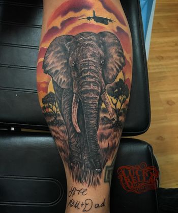 Elephant and African Savannah by Howard Neal at Lucky Bella Tattoos
