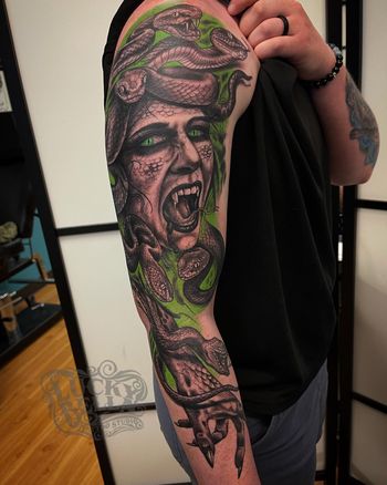 Medusa Sleeve by Howard Neal at Lucky Bella Tattoos in North Little Rock, AR
