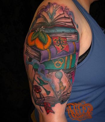Book Worm Half Sleeve by Howard Neal at Lucky Bella Tattoos in North Little Rock, AR
