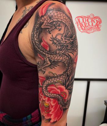 Japanese Dragon Half Sleeve with Peonies by Howard Neal at Lucky Bella Tattoos in North Little Rock, Arkansas
