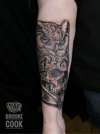 Owl and Skull Tattoo by Brooke Cook at Lucky Bella Tattoos in North Little Rock, Arkansas
