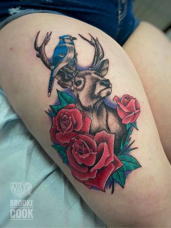 Deer and Roses Thigh Tattoo by Brooke Cook at Lucky Bella Tattoos
