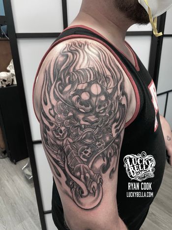 Traditional Japanese Foo Dog by Ryan Cook at Lucky Bella Tattoos in North Little Rock, AR
