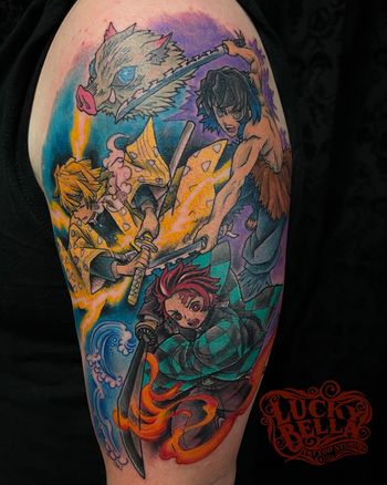 Demon Slayer Half Sleeve by Howard Neal at Lucky Bella Tattoos in North Little Rock, AR
