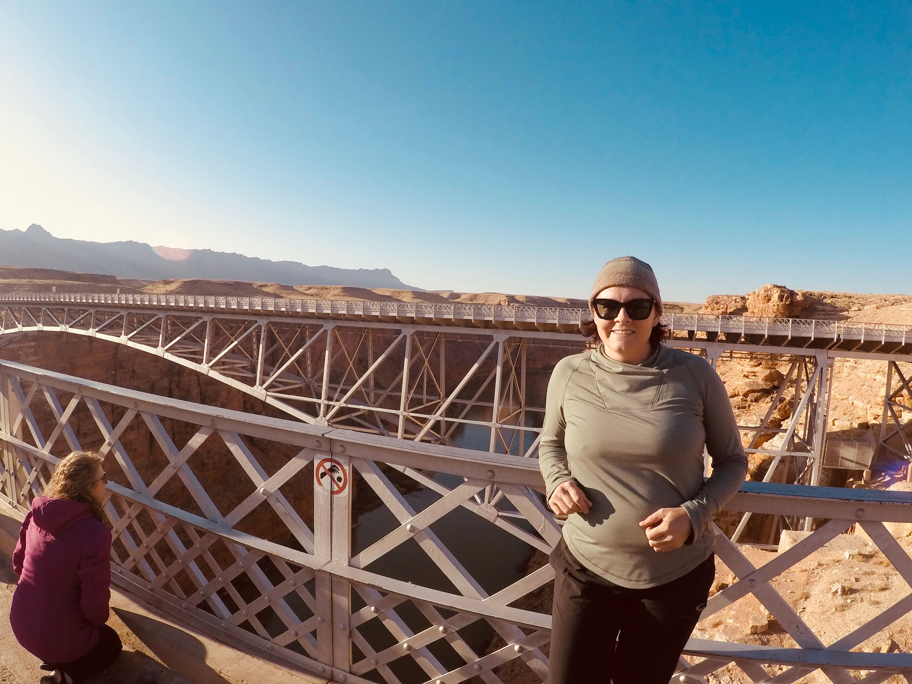 Me on the bridge over the Colorado River on our early morning drive to the trailhead