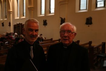 St Thérèse 7 Cappella bass Paul McQuillan with St Thérèse priest Canon Brendan Murray during the interval of our "Love Divine" concert in St Thérèse of Lisieux Church, Belfast, on 2/6/18. Photo by Vincent McLaughlin
