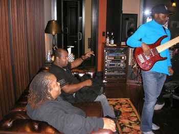 Joseph on bass with Regina and Vincent producing In the main room at Studio Trilogy.
