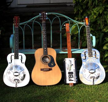 Group portrait of the guitars on the new 'Professin' the Blues' album! Beeton resonator, Maton acoustic, 4 string 'FB Classic' cigar box guitar & the new National Style O
