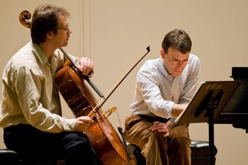 Cellist, Daniel Gaisford and composer,  Michael Hersch discussing Hersch's cello writing. 1706 Matteo Goffriller Cello, "Warburg"

