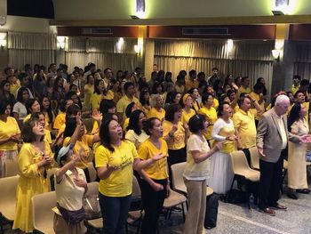 Praise Church in Bangkok; everyone is wearing yellow in honor of the Thai King's inauguration
