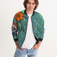 Teal Floral Bomber Jacket Sugar Skull by Thalia Gonzalez Collection
