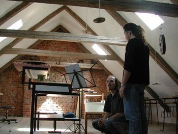 Martín and Czech Percussionist Toms Mohr, a few days before the concert in Trstenice, working on the world premier of Reflejo, a composition written for Toms during the summer of 2003.  Martín  participated in the International Performance and Composition course at Trstenic
