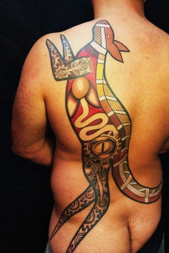 Mechanical red kangaroo Aboriginal xray style tattoo
