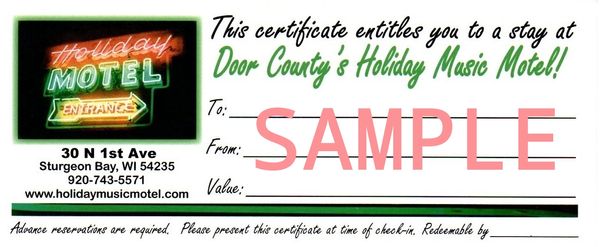 Holiday Music Motel Gift Certificate $100
