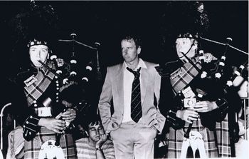 Shaun Davey with members of the Wallacestone pipeband, Lorient, premiere of The Pilgrim,1983
