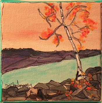 Title: " Birch Tree / Alona Bay". 4''x4''acrylic on canvas. This birch seemed to be growing right out of the rock. Withstanding gail force winds and snow storms it thrives on this rugged shore. (SOLD)
