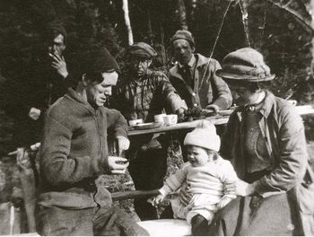 Tom with A.Y Jackson, Arthur Lismer and Fred Varley's family on Canoe Lake Algonquin Park.
