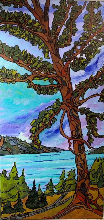 New…”Nokomis/Old Woman Bay Lake Superior”…10”x20” acrylic and pen on canvas…$200.00

