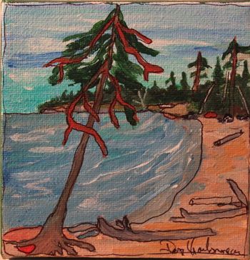 Title: Windy Day at Katherine Cove"...  4"x4" acrylic on canvas....Another scene from Katherine Cove...windy and with a breeze coming in from the south west...the air fresh and the smell of the Red Pines linger in my mind. (sold)
