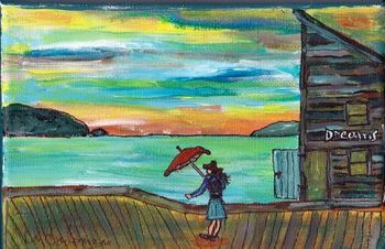 Title: "House of Dreams" 5"x7" acrylic on canvas /Girl with the Red Umbrella Series  Purchase this painting $95.00Free Shipping
