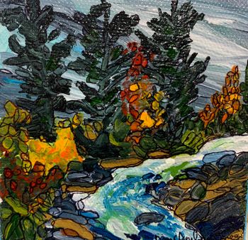 new...Speckel Trout Creek/Agawa Bay Lake Superior"...4"x4" acrylic on canvas $50.00...Superior rainbows make their way up this creek.
