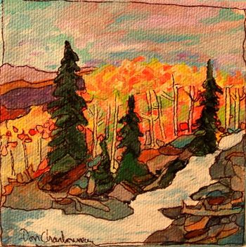 Title:"Fall / Sand River" 4"x4" acrylic on canvas. Sand River is located about an hour's drive east of Wawa on Hwy 17. There is a hiking trail and I've caught specks and rainbows in the pool just above the bridge.(SOLD)
