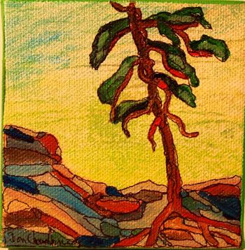 Title: " Sentinel / Lake Superior"...4"x4" acrylic on canvas. You'll see these older trees dotting the Superior Coastline while driving. They look like sentinels guarding the ancient mysteries. When the wind blows you can hear their song!..Sold
