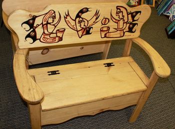 Title:" Maple Sugar Time on Manitoulin Island"
Painted on a handmade White Pine deacon's bench and finished with 3 coats of latex protective varnish.
