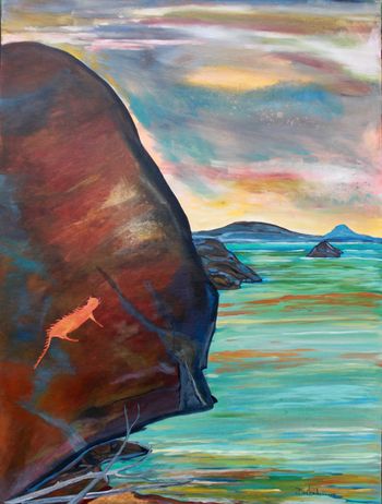 (PTitle: Place of Power/Agawa Pictographs Lake Superior...This is a large painting 48"x36" movement and energy reflect the beauty of this special place along the Lake Superior Coastline...$550.00
