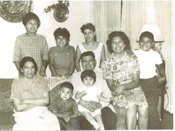 Familia Govea, Bakersfield, CA 1963 (l. to r., standing: Jessica, Catalina, Meche Tovar, John.  L. to r., seated: Maria de la Rosa, Michael, baby Margaret, Juan, Margarita)
