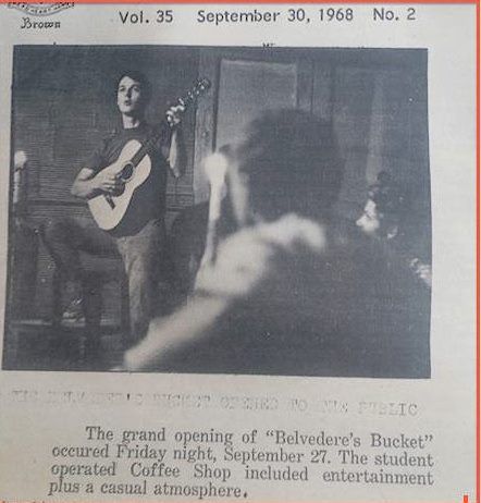 Lindy on stage at his coffeehouse Belvedere's Bucket.