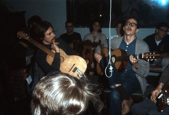 Larry Hanks (right) performing live on KPFA in Berkeley. Can anyone identify the (left-handed?) guitar player next to him? Photo courtesy of Glauco Fassio
