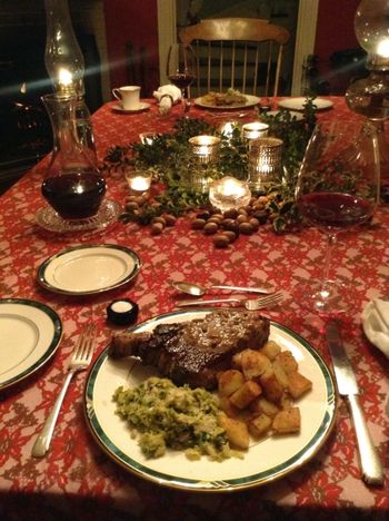 New York Strip Steak with Shredded Brussels Sprouts and Tater Tots at Christmas
