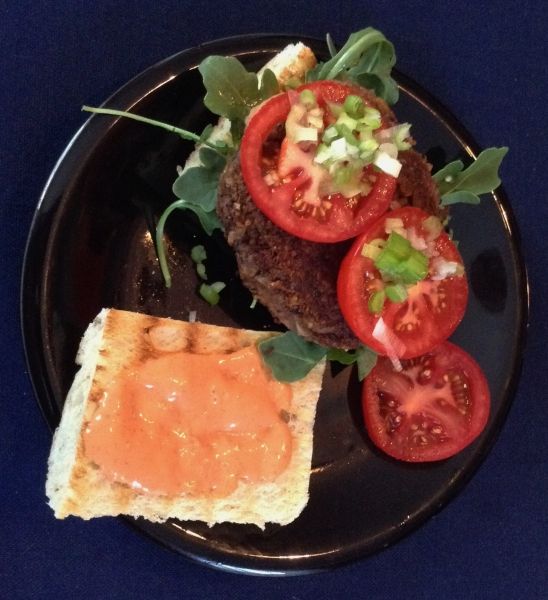 Black Bean-Quinoa Burgers With Sriracha Mayo And Tomatoes