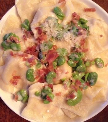 Ravioli with Prosciutto, Fava Beans and Shredded Parmesan
