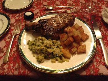New York Strip Steak with Shredded Brussels Sprouts and Tater Tots
